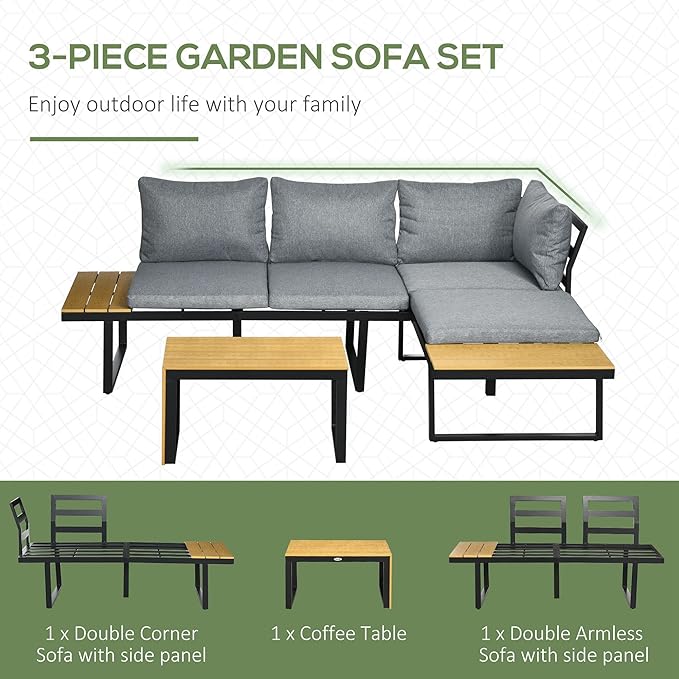 Outsunny 3 Piece Patio Furniture Set with Cushions, Aluminum Frame Outdoor Conversation Sofa Set w/Two Loveseats and Wood Grain Plastic Top Coffee Table/Side Table, Dark Gray