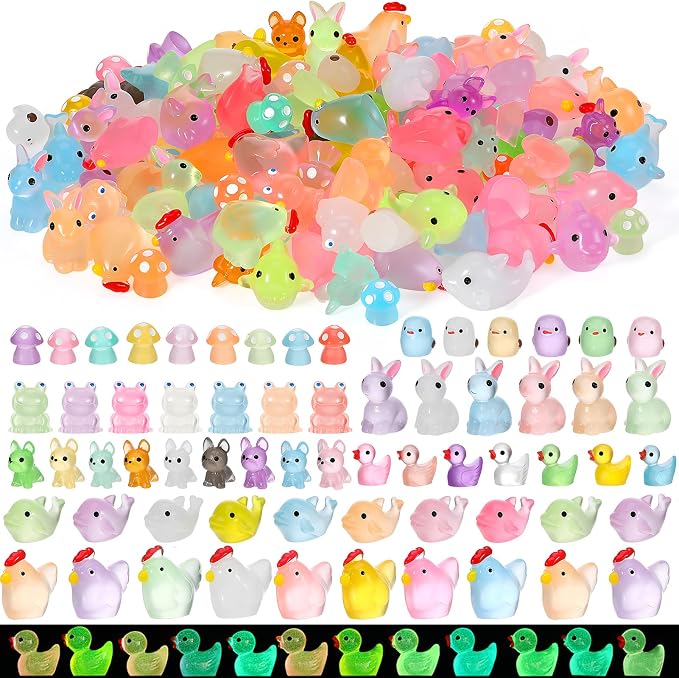 190PCS Luminous Mini Resin Ducks Tiny Glow in The Dark Duck Chickens Rabbit Frogs Dolphin Mushroom Puppy Resin Miniature Animals for Landscape Dollhouse Garden Decoration