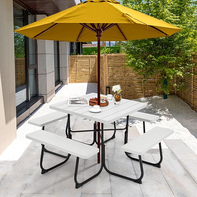 Square Picnic Table for 8 Person, Outside Table Bench Set w/ 4 Built-in Benches, Umbrella Hole, HDPE Top & Metal Frame, 2000LBS Capacity Outdoor Picnic Table for Garden, Porch, Patio (White)