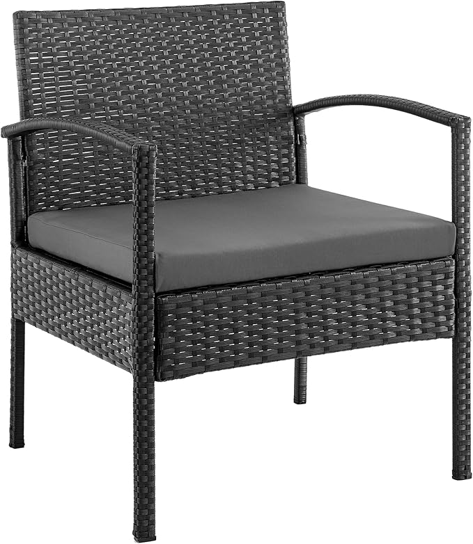 Manhattan Comfort Noli 4-Piece Patio Conversation Set, Outdoor Furniture Made of Steel Rattan | Includes 2 Modern Armchairs, Loveseat, Tempered Glass Coffee Table, Removable Waterproof Cushions, Grey