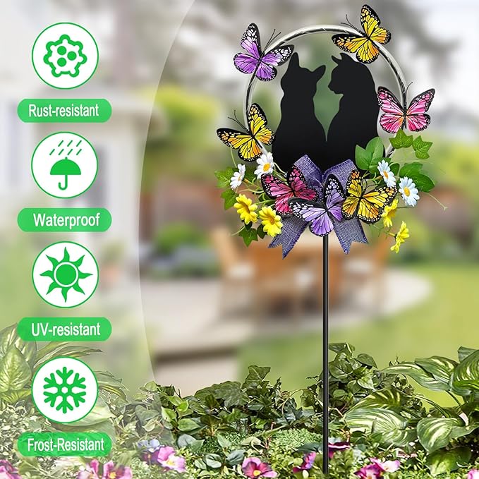 Cat Solar Lights Outdoor Garden,Colorful LED Light with Black Cat Decorations and Butterfly Flowers Yard Stakes for Pathway,Lawn,Patio,Gifts for Women