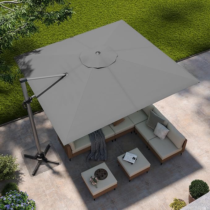 LAUSAINT HOME Outdoor Patio Umbrella, 11 FT Large Cantilever Umbrella Windproof All Aluminum Offset Umbrella with 360° Rotation & Olefin Fabric for Garden, Deck, Lawn, Pool, Backyard (Square, Grey)