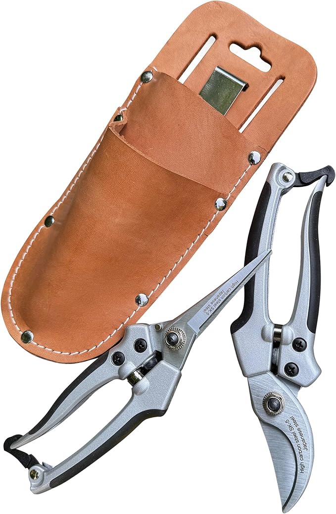 Pruning Shears for Gardening 2-Pack - 7.87” Bypass Pruners and 7.67” Straight Garden Scissors with Carbon Steel Blades and Leather Sheath - Handheld Plant Clippers and Snips by Kings County Tools