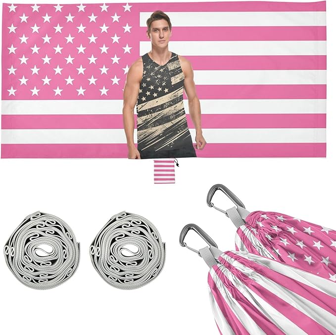 Pink American Flag Custom Outdoor Hammocks with Tree Straps Indoor Hammock for Outside Patio Backyard Poolside