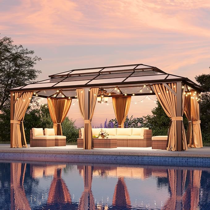 Aoxun 12'x20' Hardtop Gazebo, Outdoor Metal Gazebo with Double Polycarbonate Roof Canopy, Permanent Pavilion with Netting and Curtains for Lawn, Garden, Patio (Brown)