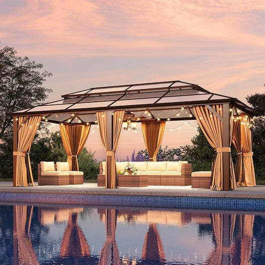 Aoxun 12'x20' Hardtop Gazebo, Outdoor Metal Gazebo with Double Polycarbonate Roof Canopy, Permanent Pavilion with Netting and Curtains for Lawn, Garden, Patio (Brown)