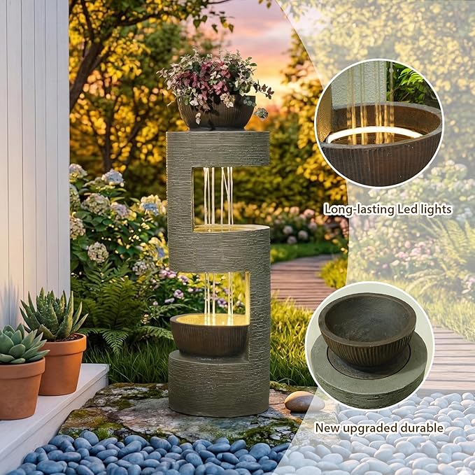 Sunlinua 33" H Modern Outdoor Water Fountain Cascading Realistic Rock Waterfall Fountains with LED Warm Lights Outdoor Water Fountain for Garden Patio Backyard Porch Home Decor Brown