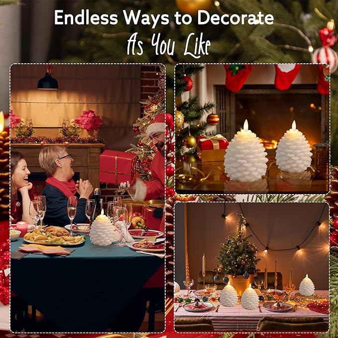 Christmas Flameless Pinecone Candles with Remote, Real Wax Battery Operated Pine Cone Candles, 2 Pack Flickering Led Candle Christmas Decorations for Winter Home Holiday Xmas Gift, White