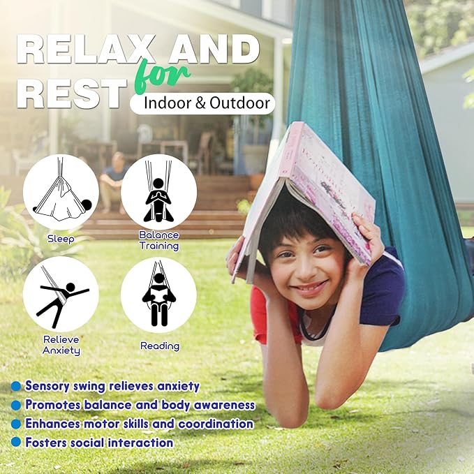 Indoor Therapy Sensory Swing, Special Needs Joy Cuddle Ceiling Snuggle Swings, Outdoor Room Adjustable Fabric Hammock, ADHD, Aspergers, Autism, Sensory Integration, Kids Boy Girl Children Teens Gift