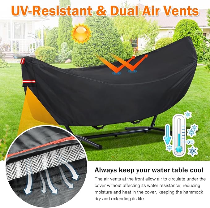 Waterproof 11-12 FT Hammock Cover, 210T Sun Rain UV Dust Snow Protection Outdoor Hammock Covers with Windproof Straps & Soft Cotton Lining for 11-12ft Stand