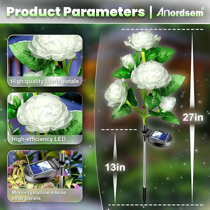 Anordsem Solar Garden Lights Outdoor: 10 Artificial Fabric White Roses Flowers 2 Pack- LED Flower Decorations for Cemetery Grave Pathway Yard- Birthday Gifts for Women, Wife and Mother