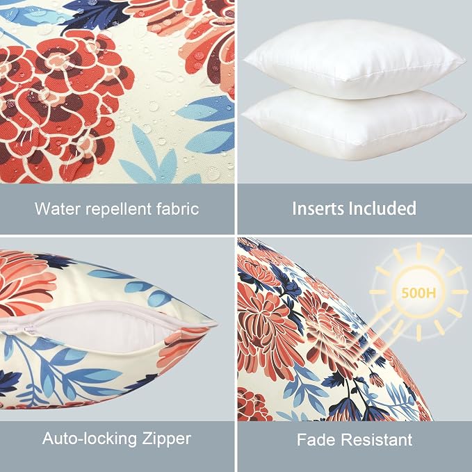 LVTXIII Outdoor Throw Pillows 18x18 Patio Waterproof Square Pillows with Piping Fade Resistant Accent Pillow for Spring Summer Garden Decoration, Set of 2, Red Chrysanthemum