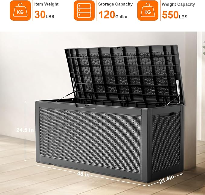 120 Gallon Waterproof Outdoor Storage Box,Lockable Large Deck Box with Lid for Packages,Weatherproof Resin Storage Bin for Patio Furniture Cushions Garden Tools Accessories(Black,120 Gallon)