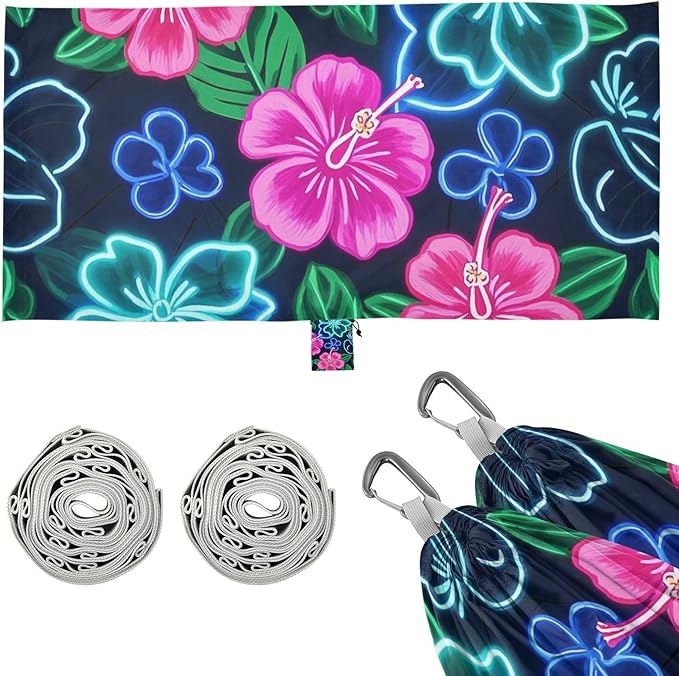 Summer Neon Hibiscus Frangipani Flower 330lb Capacity Outdoor Hammock with Hanging Ropree Hammock for Outside Patio Backyard Poolside hamaca inflable para Piscina