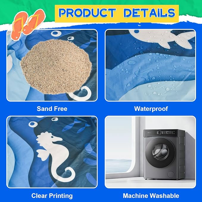 6.5 X 6.5Ft Baby Beach Pool, 2 in 1 Square Portable Cartoon Ocean Theme Toddler Beach Puddle, Waterproof Sandproof Cute Toddler Paddling Pool Beach Blanket with Carrying Bag for Boys Girls