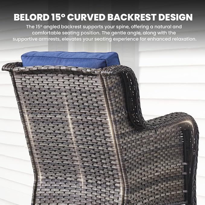 Belord High Back Patio Chairs Set of 2 - Gray Wicker Outdoor Seating, 4" Wide Armrests Rattan Outdoor Club Chairs with Blue Removable Cushion for Deck Porch Backyard