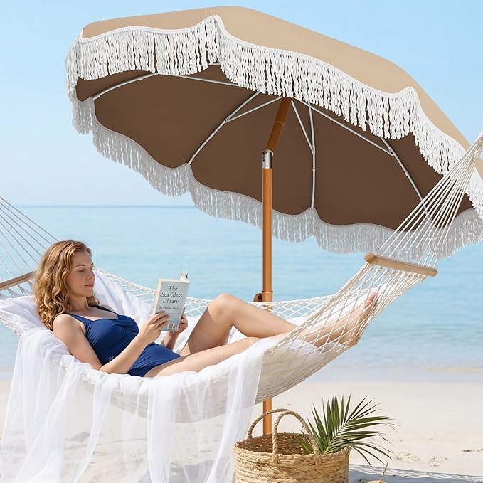 AreShark 7ft Patio Umbrella with Fringe, UPF50+ Beach Umbrella for Table, Pool & Garden, Portable Outdoor Tassels Umbrella w/Fiberglass Ribs&Push Bottom Tilt(Beige)