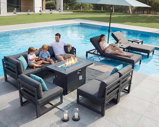 RADIATA Outdoor Aluminum Patio Furniture with Fire Pit Table, Modern Outdoor Patio Furniture Set 11 Pieces, Gray Frame Wide Seat Oversized Sectional Conversation Set for Poolside, Backyard, Grey