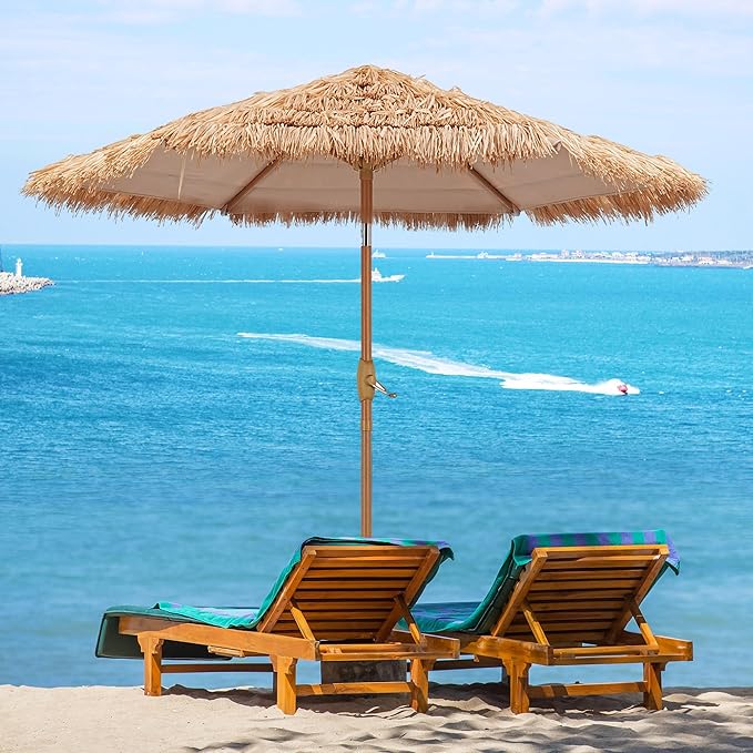 GDY 7.5ft Tiki Patio Umbrella Outdoor Table Umbrella(Optional with Light or Base), Market Umbrella,with Crank for Patio, Garden, Lawn, Deck, Backyard & Pool