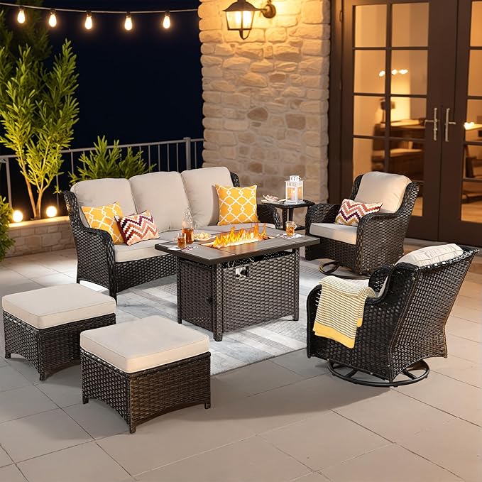 ovios 7-Pieces Patio Furniture Set with 42 Inch Fire Pit Table Swivel Chairs, Outdoor Wicker Sofa Couch Gliders Rocker, High Back Modern Conversation Set, Brown Rattan, Beige