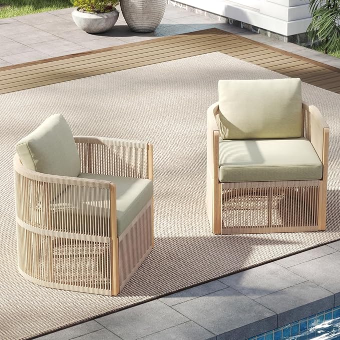 Patio Lounge Chairs Set of 2, Rope Patio Furniture Set with Cushions, Outdoor Aluminum Conversation Set, Outdoor Chair Set for Porch, Garden, Deck, Balcony, Green