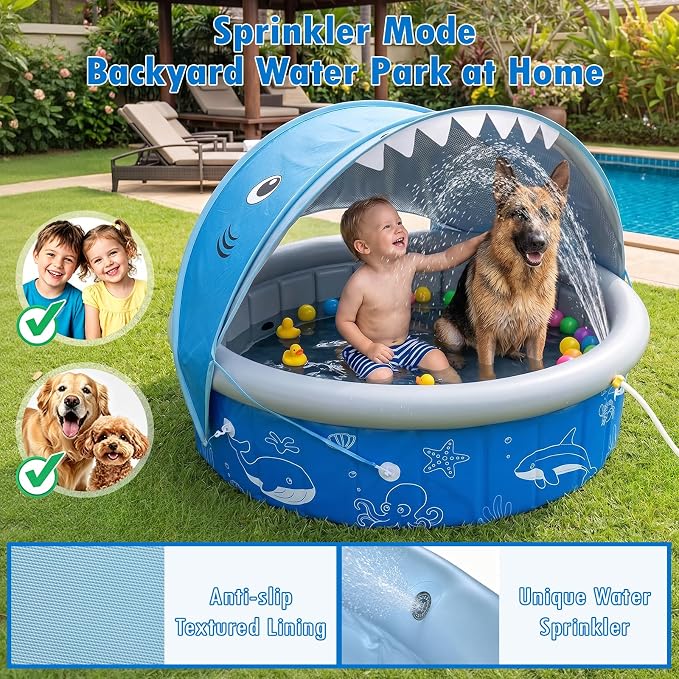 Upgraded Kiddie Baby Pool with Canopy & Sprinkler, 47in Foldable Toddler Pool with Shade, Kids Hard Plastic Swimming Wading Pool, Portable Water Play for Backyard Beach Outdoor