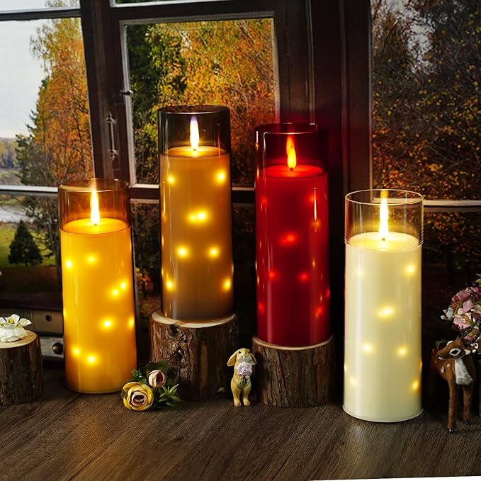 kakoya 11" x 4" Large Outdoor Waterproof Flameless LED Candles with Remote and Timer,Acrylic Pillar Candles Battery Operated with Embedded Star String for Porch,Patio,Outdoor Decor,Set of 2(Gold)
