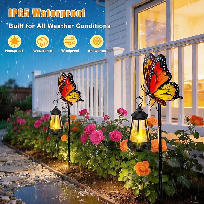 ZFNN Solar Garden Decor Lights Outdoor Waterproof, Metal Butterfly Stakes with Solar Lanterns, Decorative Yard Art for Outside Patio Lawn Ornaments, Gifts for Women Mom（2Pack）