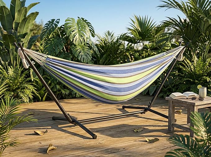 103 Inch Portable Hammock with Stand Included, Heavy Duty Steel Frame with Comfortable Polyester Striped Swing Bed, Carrying Bag for Patio, Garden, Backyard, Indoor & Outdoor (Style B)