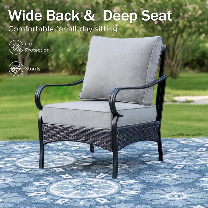PHI VILLA Patio Furniture Set with 32" Fire Pit Table,Patio Conversation Sets 4 Fixed Chairs with Thick Cushion and 50000 BTU Fire Pit Table (5 Pieces,Grey