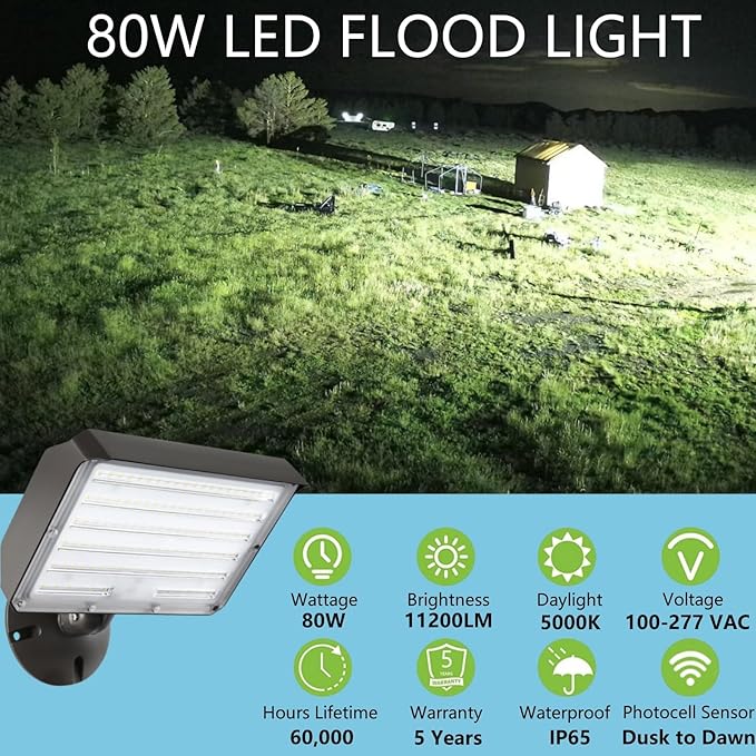 80W Outdoor LED Flood Light Dusk to Dawn with Knuckle, 11200LM 600W Equivalent, 100-277V 5000K Daylight, ETL Commercial LED Flood Light Fixture, Outdoor Security Lighting for Landscape/Parking Lot