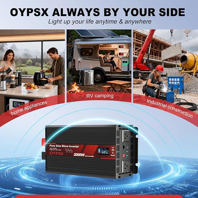2000W Power Inverter 24V to 110V 120V AC Pure Sine Wave Inverter for RV Truck Camping,Outdoor Off-Grid Power Converter with LCD Display,Wired Controller,AC Outlets USB Ports(24V-2000Watts)