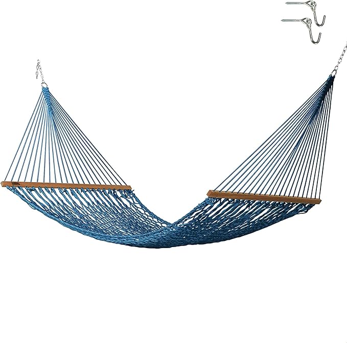 Hatteras Hammocks Large Coastal Blue DuraCord Rope Hammock – 13 ft. x 55 in., 2-Person, 450 lb Capacity, Cumaru Spreader Bar, Zinc-Plated Hardware – Handcrafted in The USA