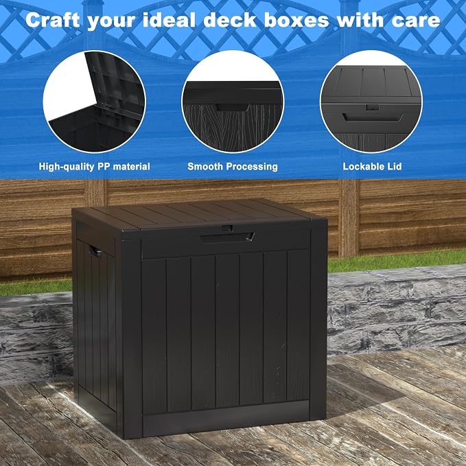 30 Gallon Waterproof Outdoor Resin Deck Box with Lockable Lid, Minimalist Wood Grain Pattern, Easy Assembly Features and Convenient Handles For Cushion, Pillows and other Patio Furniture (Black)