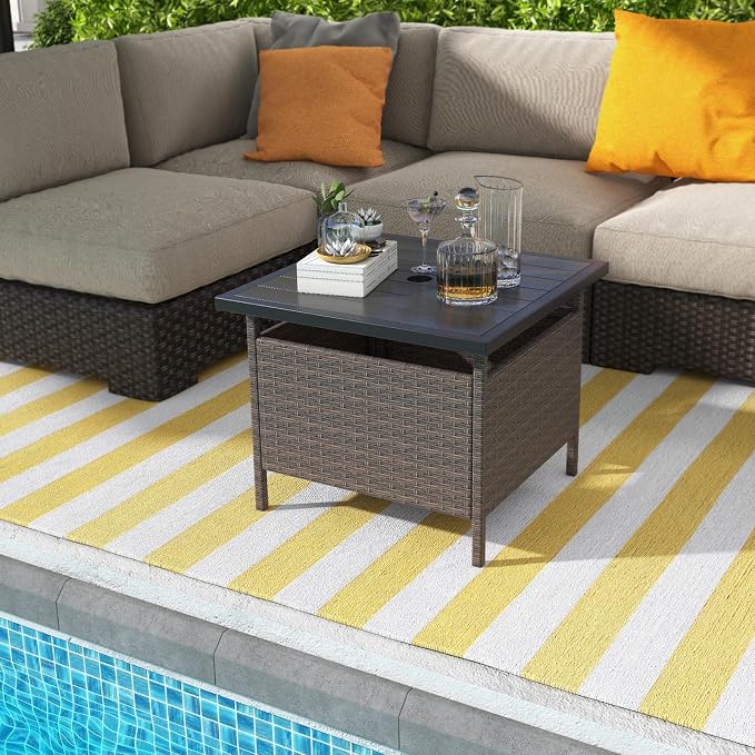 RELAX4LIFE Patio Table with Umbrella Hole, Wicker Rattan Bistro Dining Side Table with Metal Frame, 22'' Square Umbrella Stand Holder for Poolside Backyard Garden Deck, Outdoor Side Table
