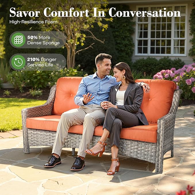 ovios 5 Piece Outdoor Patio Furniture with 3 Seat Sofa,Rattan Wicker Coversation Set with Swivel Rocking Chair,Balcony Sofa Set with Shiny Table for Outside Porch Backyard Pool, Red