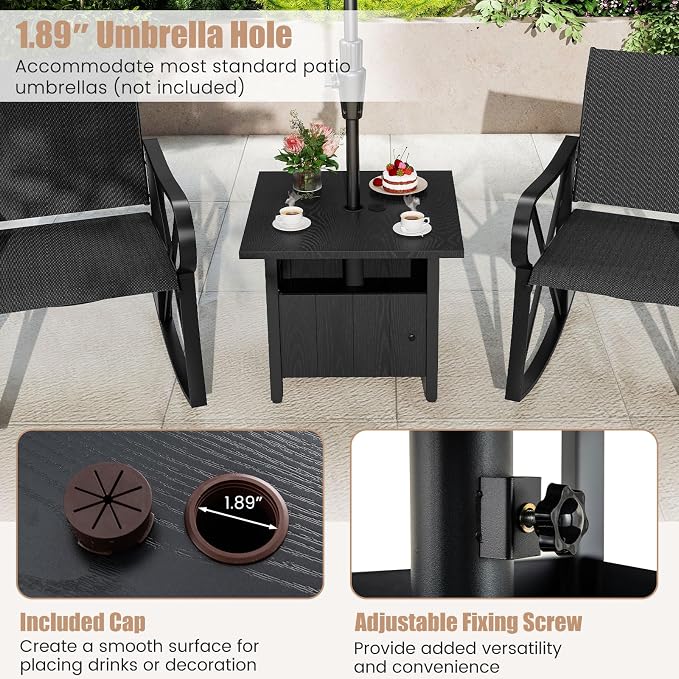 Tangkula Outdoor Table with Hole, Patio Umbrella Table with 2 Sand Bags, 1.89" Umbrella Hole, Metal Frame, Outdoor Side Table for Garden, Deck and Poolside