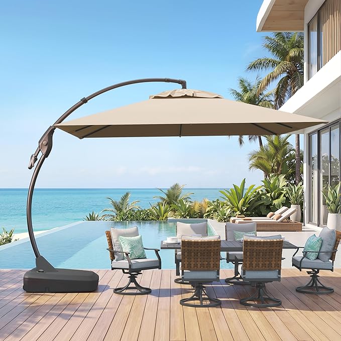 Grand patio Sunbrella 10x10 FT Cantilever Umbrella with Base Included Patio Square Aluminum Offset Umbrellas for Outdoor Pool (Flax, 10X10 FT-SUNBRELLA)