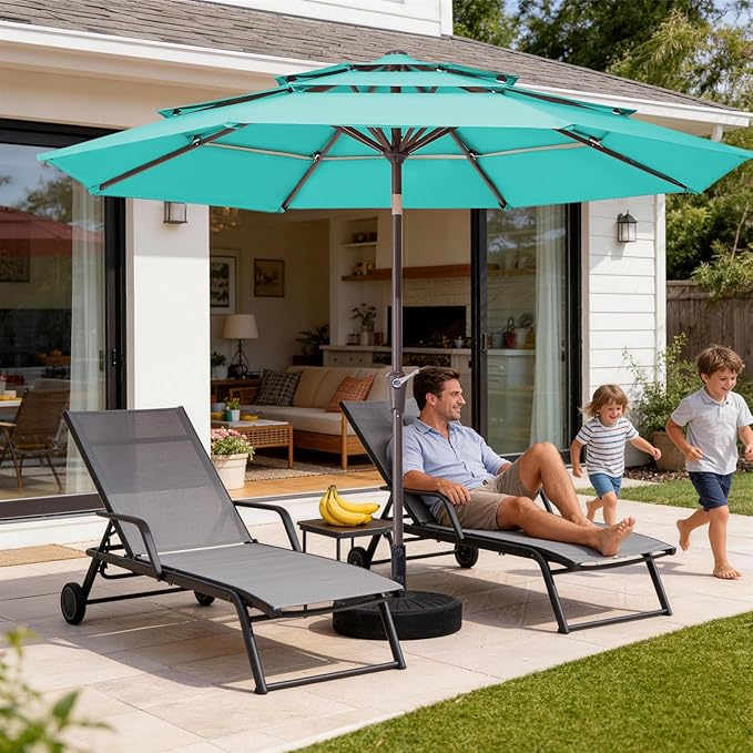 JEAREY 9FT 3 Tier Patio Umbrella Outdoor Market Umbrella Table Umbrellas with 8 Ribs 1.5 Pole Push Button Tilt and Crank UV Protection for Garden,Peacock Blue