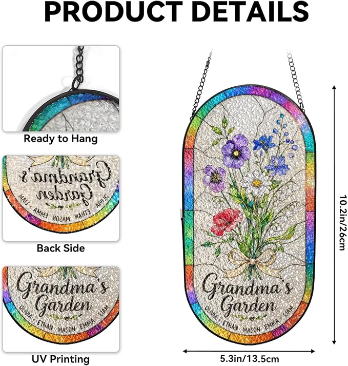 Personalized Mother’s Day Suncatcher Oval – Custom Birth Flower Suncatcher for Mom Grandma – Stained Glass Style Personalized Gift with Kids Names for Mom Nana Grandma
