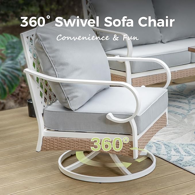5 Piece Patio Furniture Set, 2 x Swivel Chair, 1 x 2-Seat Sofa, 1 x 3-Seat Sofa with Marbling Coffee Table, 7 Seats Outdoor Conversation Set for Lawn Garden Backyard, Light Gray
