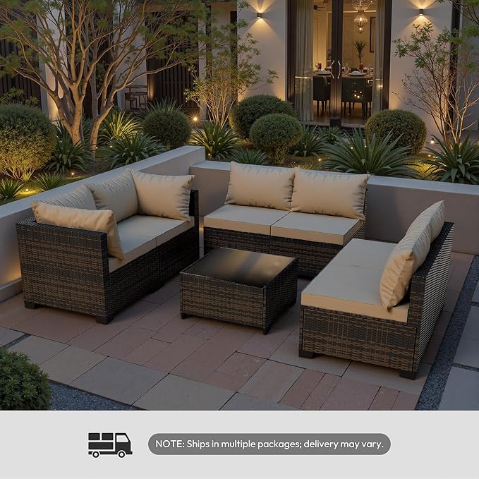 WWR Patio Furniture Set - All-Weather,Water-Resistant - 7 Piece Patio Wicker Rattan Sectional Sofa, Modular Outdoor Conversation Set for Backyard, Garden, Poolside, Balcony, Brown/Khaki Gray