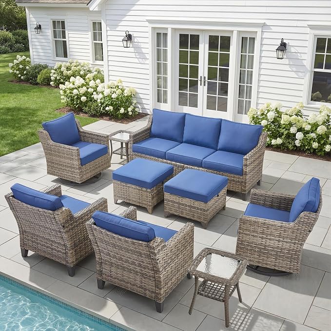 Belord Patio Wicker Swivel Rocker Patio Chairs with 3-Seater Sofa, Outdoor Rattan Chairs for Deck Porch Poolside, 9 Piece Patio Conversation Furniture Set,Blue