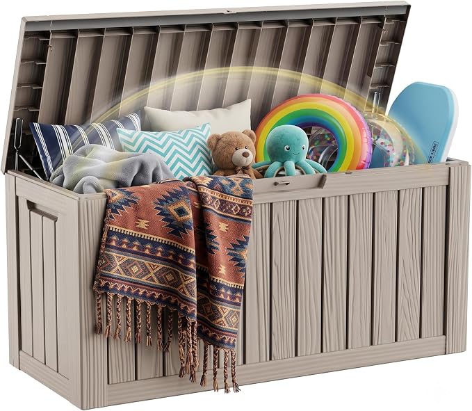 EFU Outdoor Storage Box 140 Gallon Deck Box (Indoor & Outdoor) Lockable UV Resistance Waterproof Resin Storage Bin Storage Box for Outdoor,Patio Storage With Support Rod(Taupe)