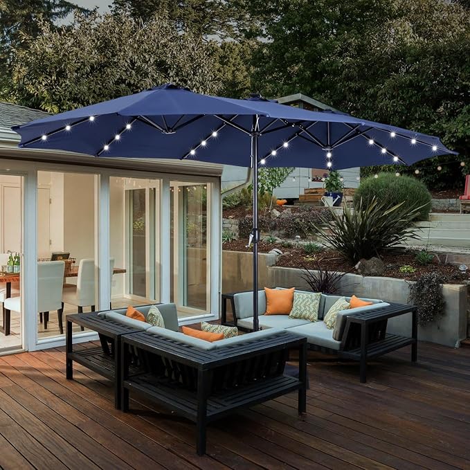 HERA'S PALACE 15ft Patio Umbrella with Base Included Double Sided Outdoor Umbrella for Patio Table Umbrella Outdoor 36 LED Solar Lights for Garden