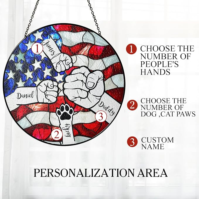Personalized Fist Bump Dad and Kids Stained Glass Window Hanging Suncatcher - American Flag Background, Heartfelf Father's Day, Birthday Gift (Fist Bump Dad)