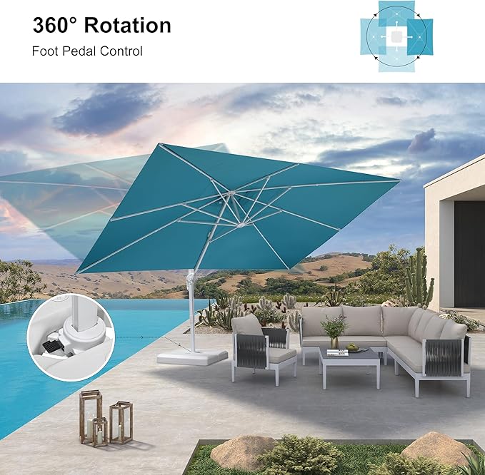 PURPLE LEAF 10' × 13' Patio Umbrella With Base White Cantilever Umbrella Square Outdoor Offset Umbrella Windproof with 360° Rotation for Garden Deck Pool, Turquoise