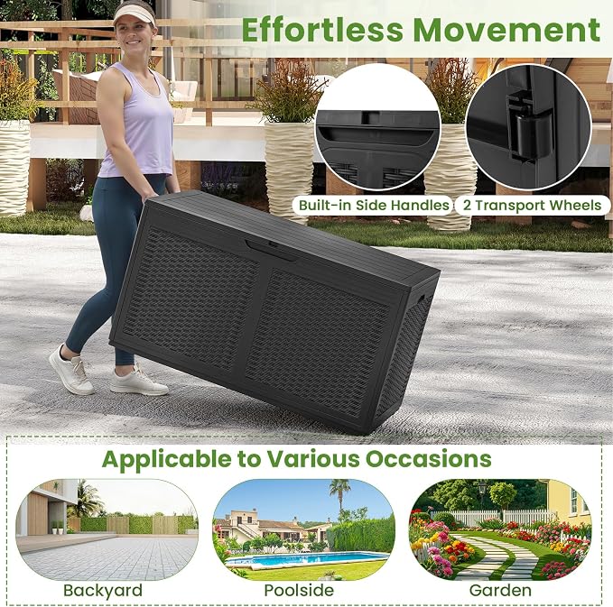 Giantex 100 Gallon Resin Outdoor Storage Box, Waterproof Deck Box w/Lockable Lid & Wheels, Rattan Storage Container Bench for Patio Cushions, Pool Accessories, Gardening Tools, 440 lbs (Grey)