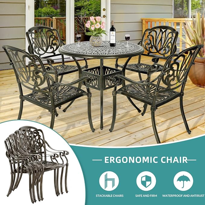 MEETWARM 5 Piece Outdoor Patio Dining Set All-Weather Cast Aluminum Dining Table Chair Set Patio Furniture Set for Backyard Garden Deck, Include 4 Chairs and 1 Round Table