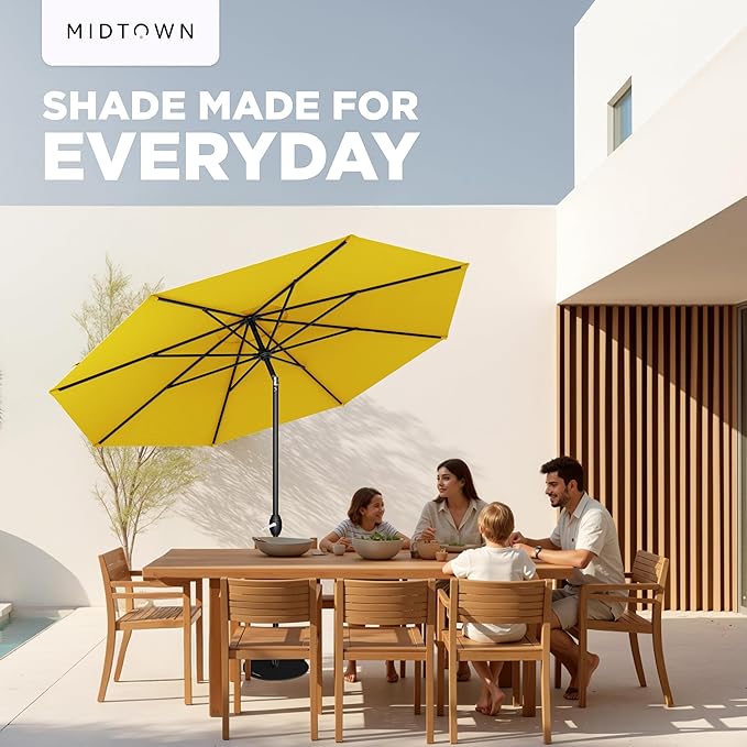 Midtown Umbrellas - 10-Year-No-Fade 9 Ft Patio Umbrella with Terylast Fabric, Auto-Tilt Aluminum Frame and 8 Reinforced Ribs for Deck, Pool, Garden & Beach - Sunflower Yellow Canopy, Black Pole